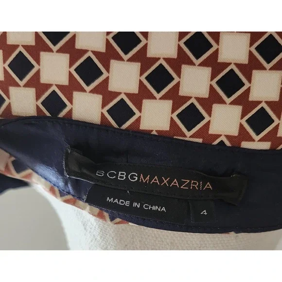 BCBGMAXAZRIA 100% Silk Geometric Print Wrap* Midi Dress Navy - Tan - Rust Size 4 - Picture 4 of 10